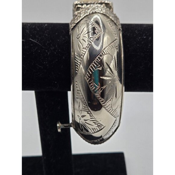 Vintage Chunky Tribal Engraved Silver Hinged Agate Cuff Bracelet Rare Incredible - Picture 8 of 12